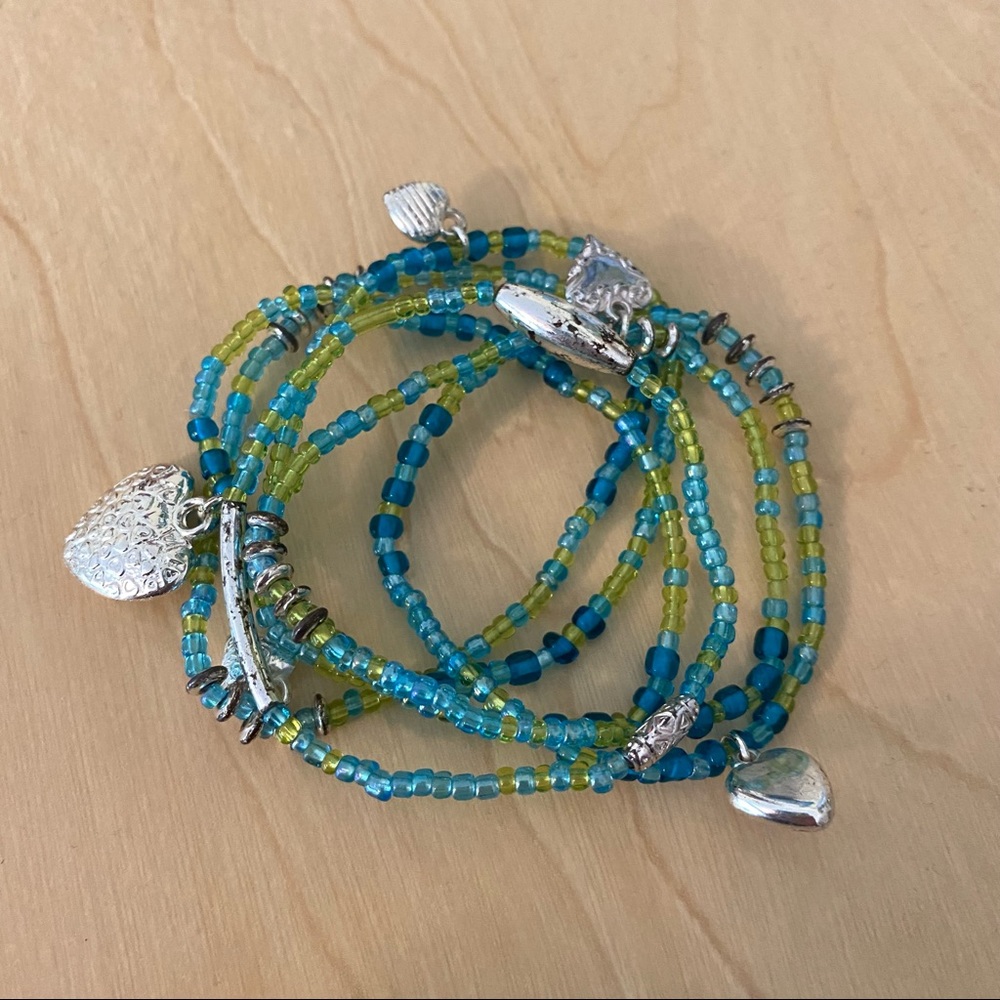 5 blue and green bead bracelets